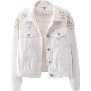 Women's Embroidered Rivet Pearl Short Denim Jacket Coat White